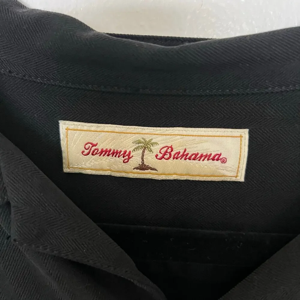 Tommy Bahama Silk Paradise Plunder Black Camp Shirt Pirate Embroidered Coastal